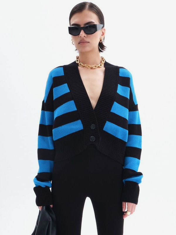 Striped V-Neck Crop Cardigan Knit Button Up Sweater For Women 2026