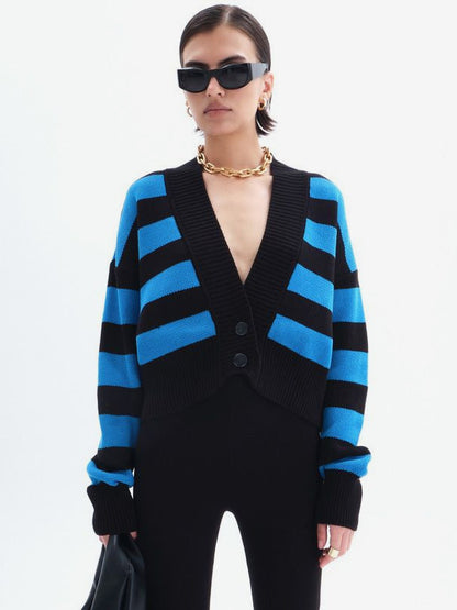 Striped V-Neck Crop Cardigan Knit Button Up Sweater For Women 2026
