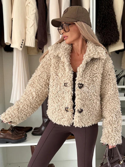 Teddy Fleece Jacket Curly Faux Fur Button Up Coat For Women 2026
