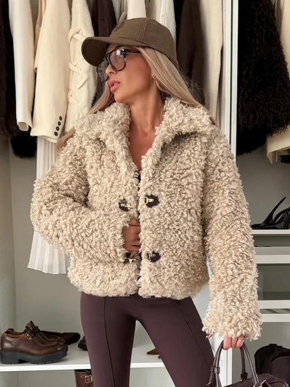 Teddy Fleece Jacket Curly Faux Fur Button Up Coat For Women 2026