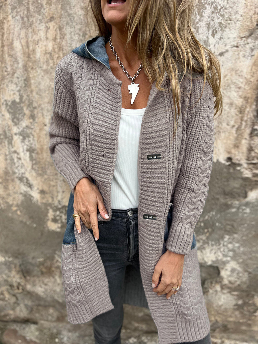Long Knit Cardigan Denim Patchwork Pocket Button Sweater Coat For Women 2026