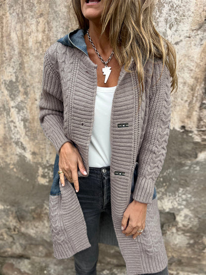 Long Knit Cardigan Denim Patchwork Pocket Button Sweater Coat For Women 2026