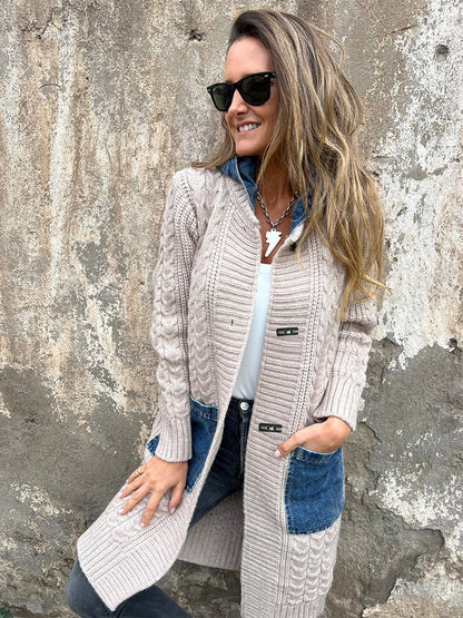 Long Knit Cardigan Denim Patchwork Pocket Button Sweater Coat For Women 2026