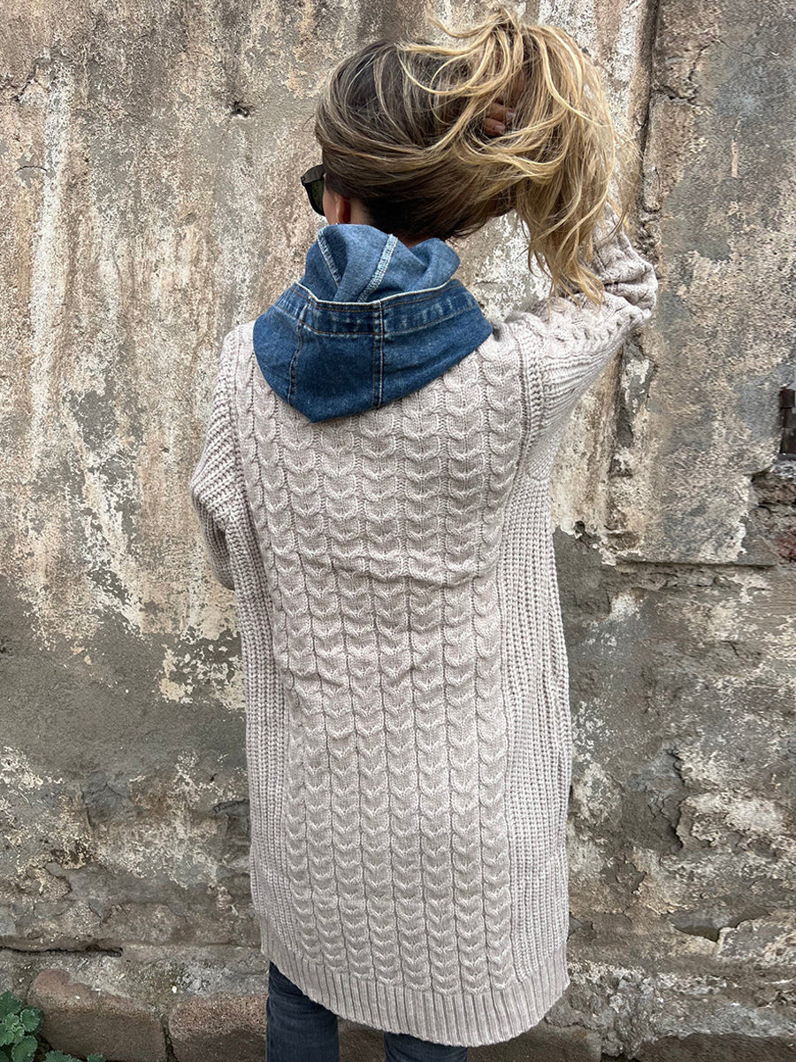Long Knit Cardigan Denim Patchwork Pocket Button Sweater Coat For Women 2026
