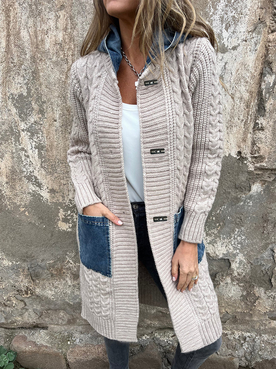 Long Knit Cardigan Denim Patchwork Pocket Button Sweater Coat For Women 2026