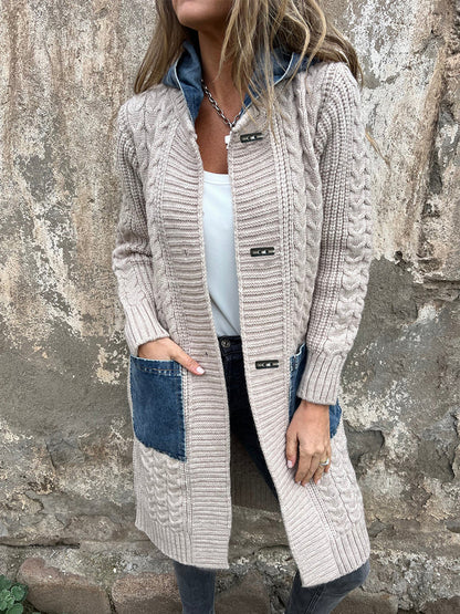 Long Knit Cardigan Denim Patchwork Pocket Button Sweater Coat For Women 2026