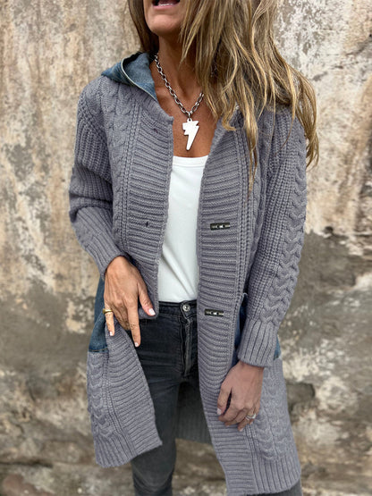 Long Knit Cardigan Denim Patchwork Pocket Button Sweater Coat For Women 2026