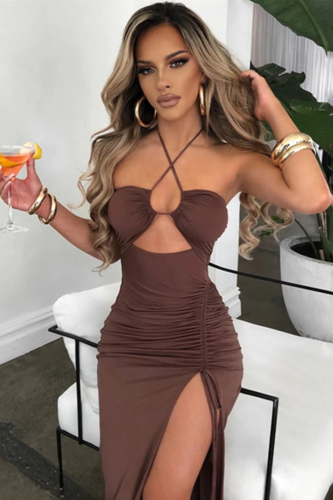 Halter Crossover Cutout Midriff Ruched Drawstring Side Slit Bodycon Midi Dress