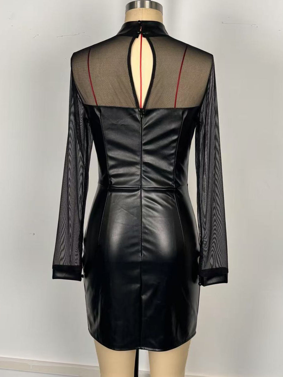 Black Mesh Patchwork Faux Leather Bodycon Mini Dress For Women 2026