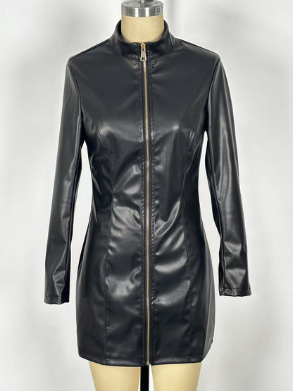 Sexy High Neck Long Sleeve Zipper Front Faux Leather Mini Dress For Women 2026