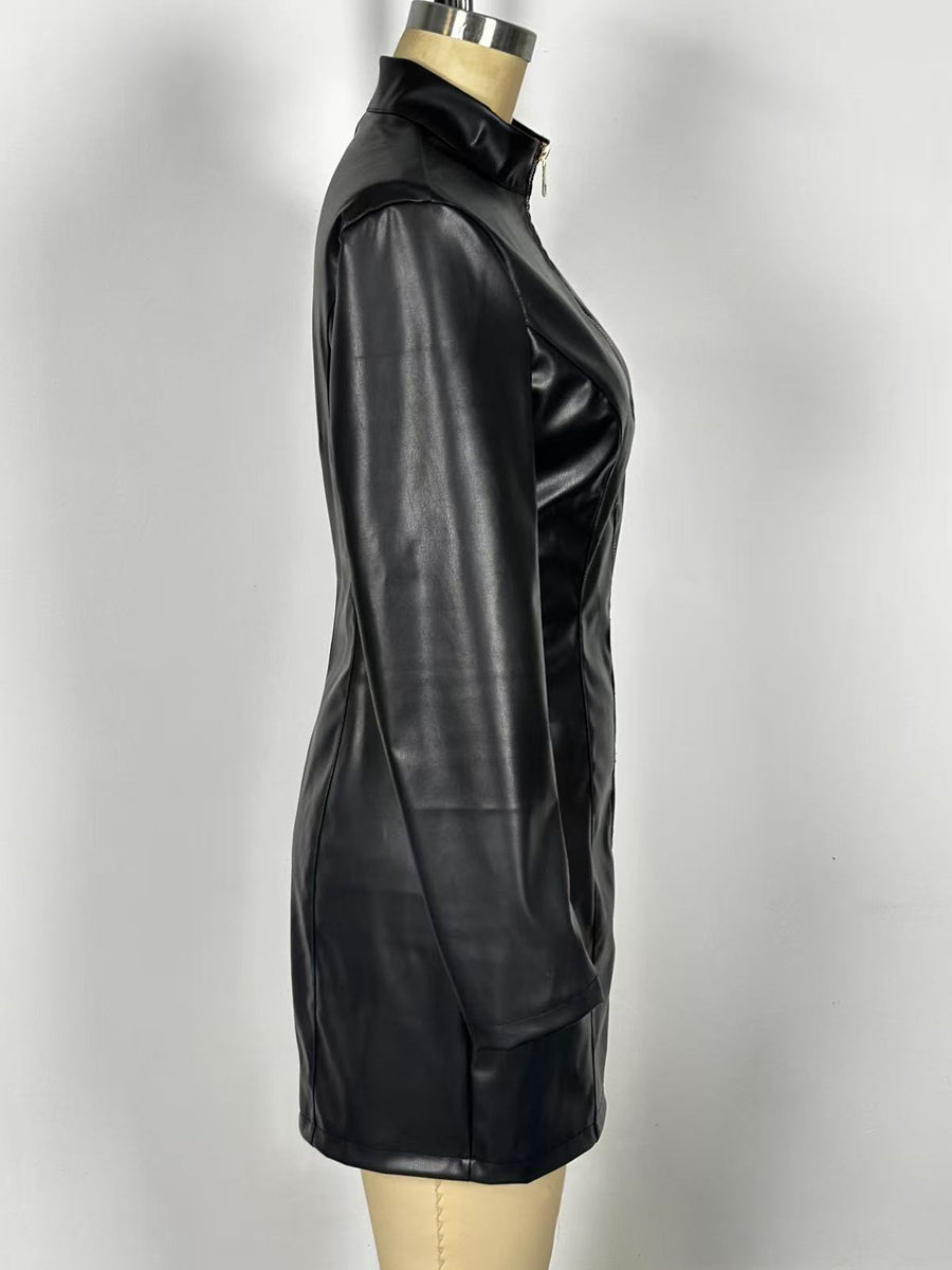 Sexy High Neck Long Sleeve Zipper Front Faux Leather Mini Dress For Women 2026