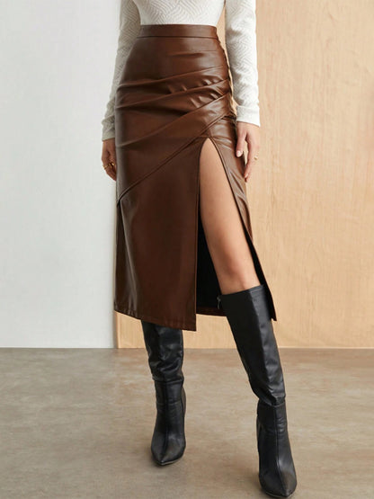 Ruched High Slit Faux Leather Midi Skirt For Women 2026