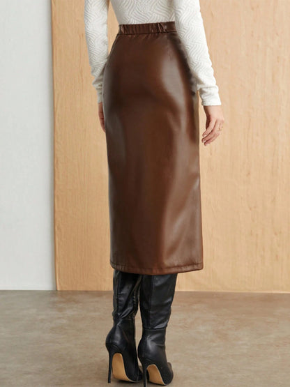Ruched High Slit Faux Leather Midi Skirt For Women 2026