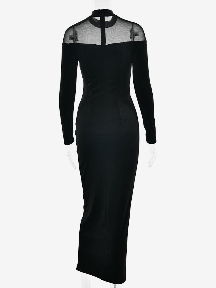 Velvet Mesh Patchwork High Neck Long Sleeve Bodycon Maxi Dress For Women 2026