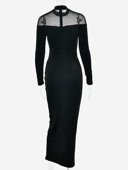 Velvet Mesh Patchwork High Neck Long Sleeve Bodycon Maxi Dress For Women 2026
