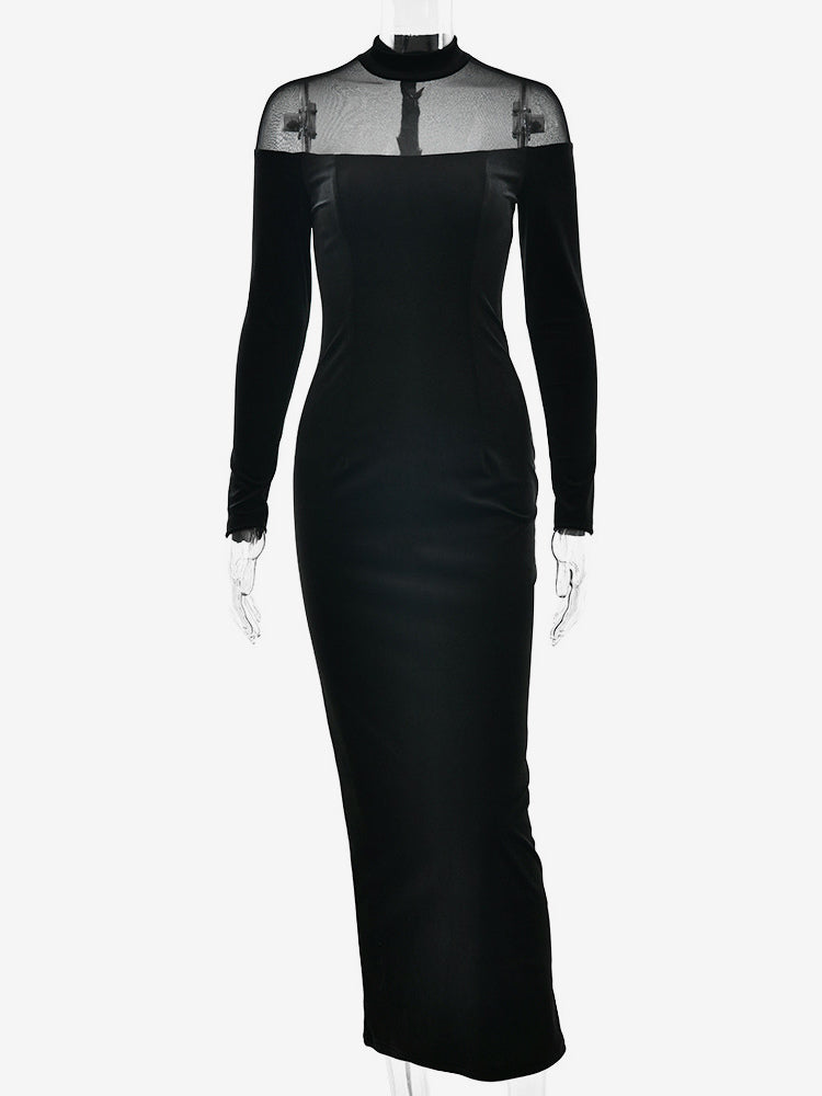Velvet Mesh Patchwork High Neck Long Sleeve Bodycon Maxi Dress For Women 2026