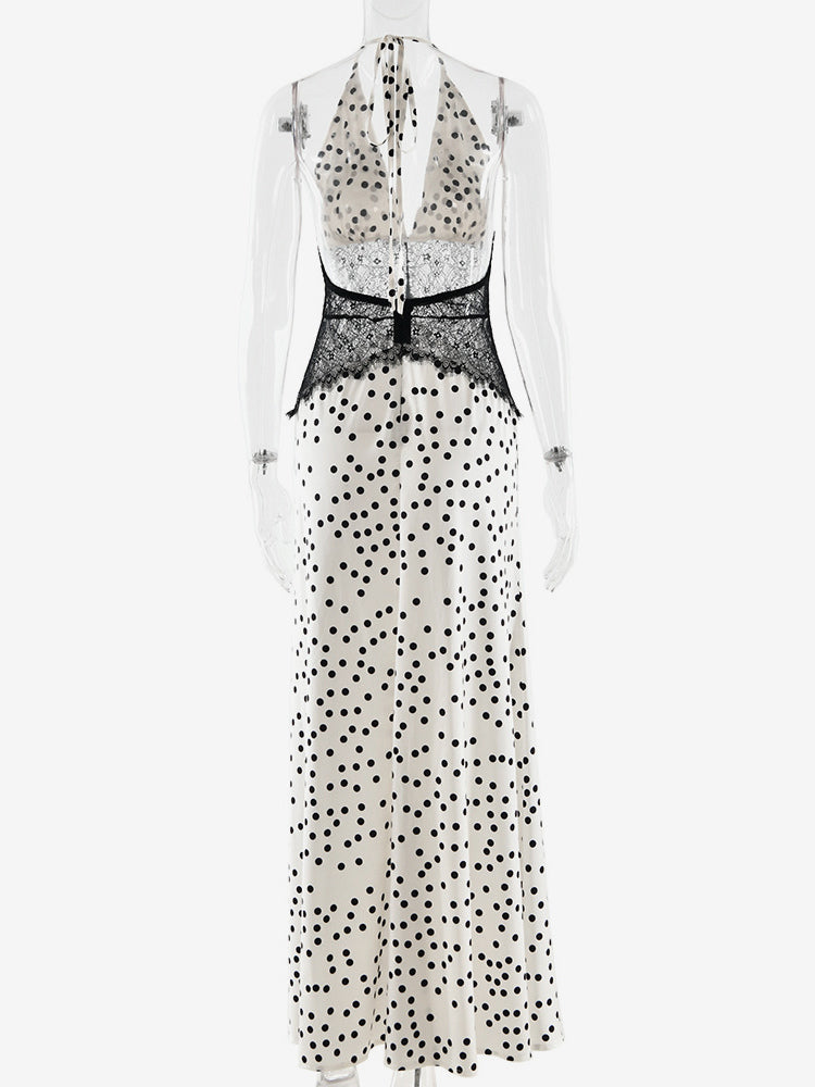 Vintage Polka Dot Halter Deep V Neck Lace Patchwork Maxi Dress For Women 2026