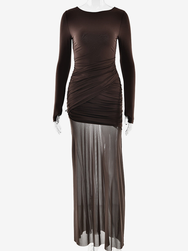 Backless Cutout Ruched Side Slit Sheer Maxi Evening Dress For Women 2026