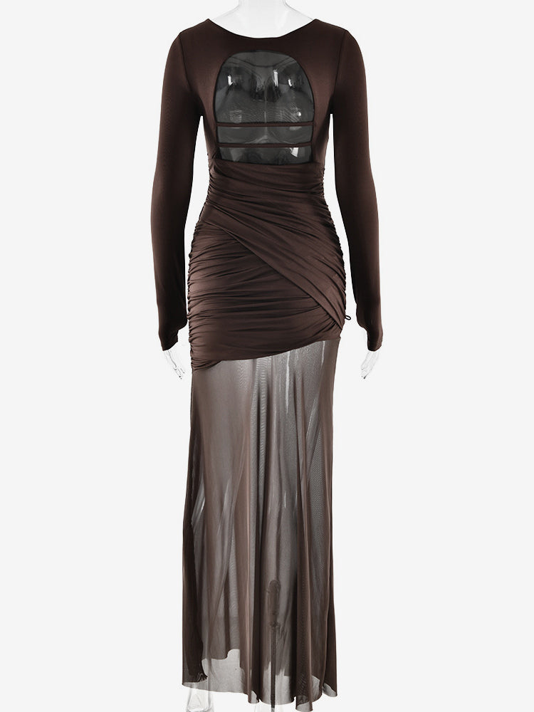 Backless Cutout Ruched Side Slit Sheer Maxi Evening Dress For Women 2026