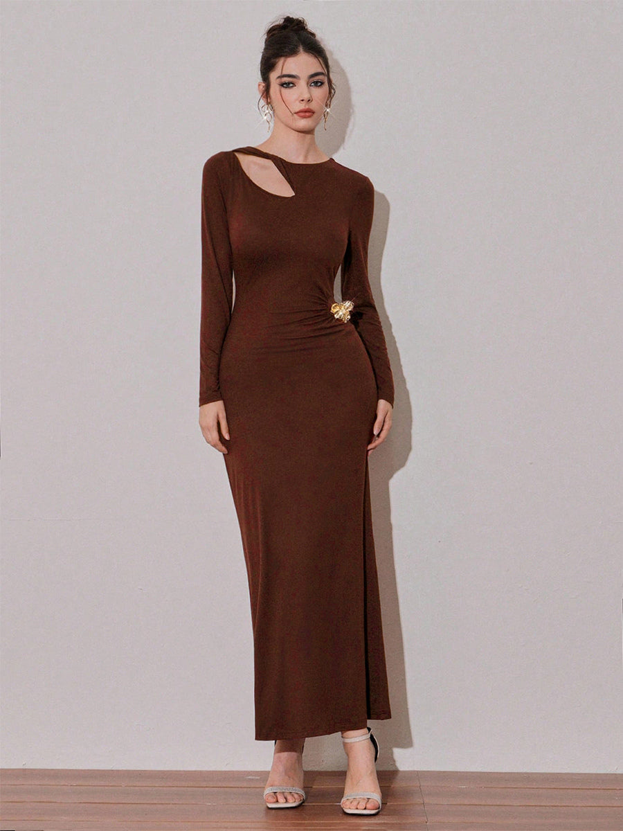 Cutout Side Ruched Maxi Party Dress With Gold Metal Accent For Women 2026