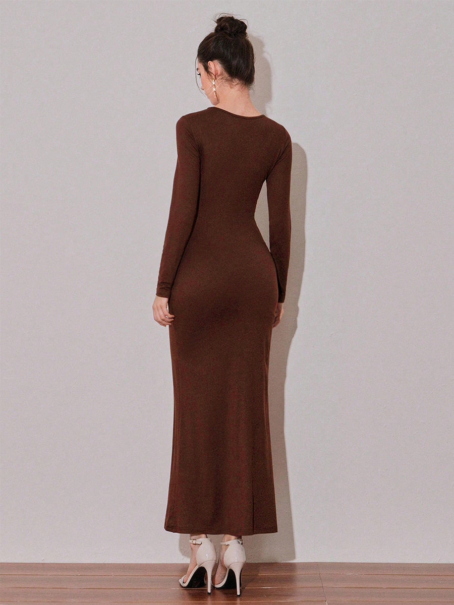 Cutout Side Ruched Maxi Party Dress With Gold Metal Accent For Women 2026