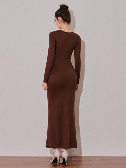 Cutout Side Ruched Maxi Party Dress With Gold Metal Accent For Women 2026
