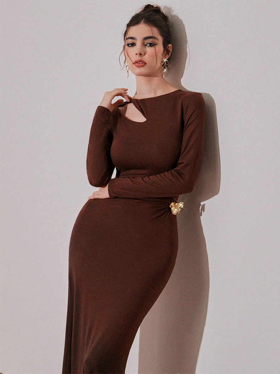 Cutout Side Ruched Maxi Party Dress With Gold Metal Accent For Women 2026
