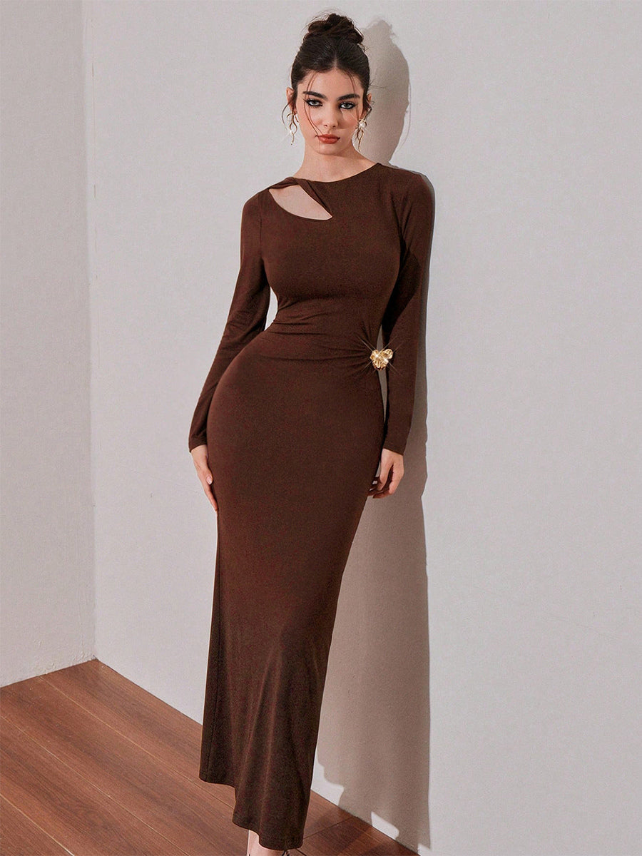 Cutout Side Ruched Maxi Party Dress With Gold Metal Accent For Women 2026