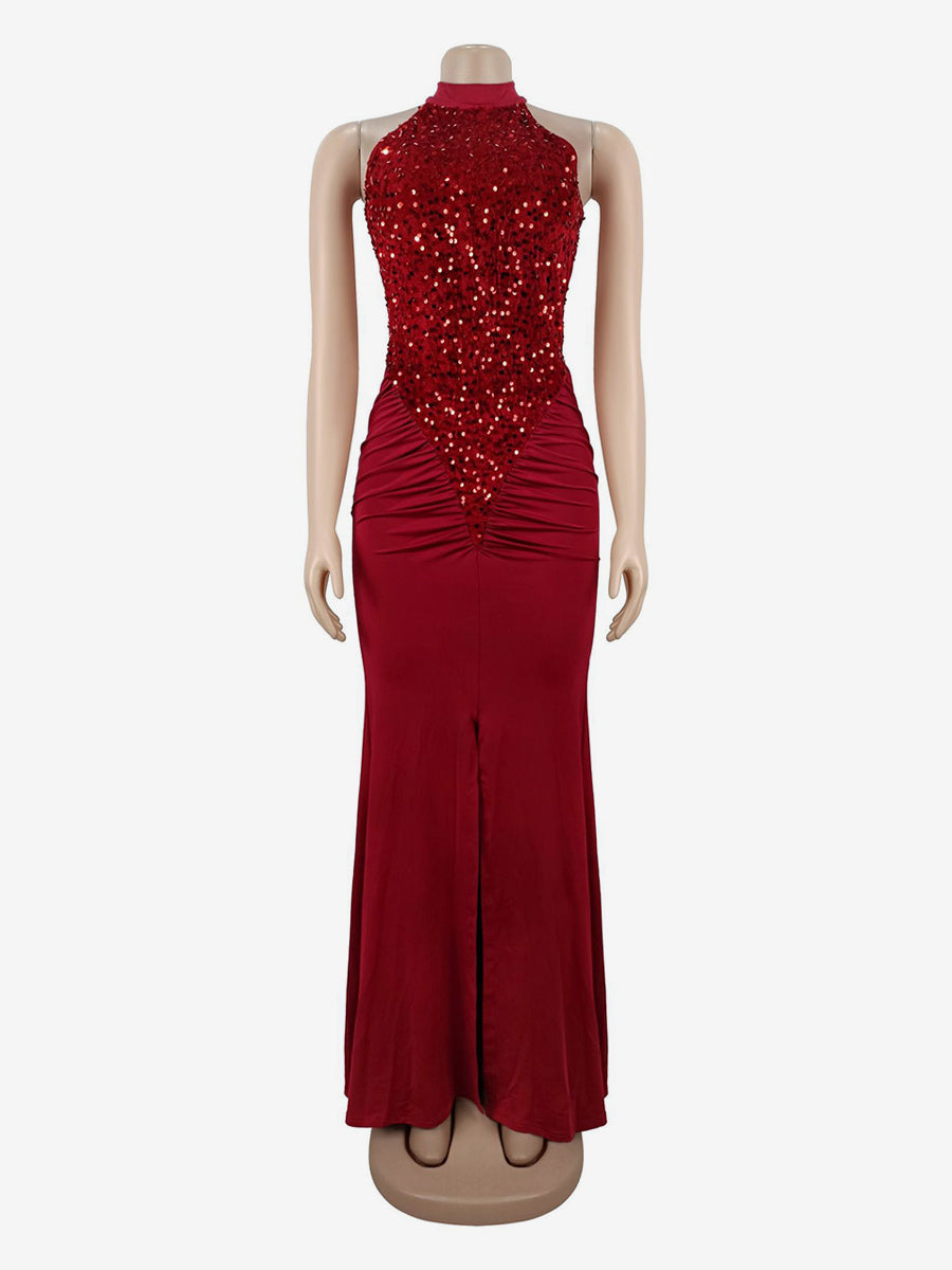 Sequin Halter Neck Ruched Waist High Slit Evening Long Dress For Women 2026