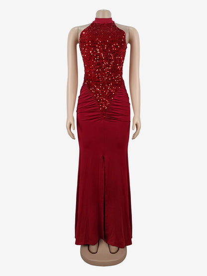 Sequin Halter Neck Ruched Waist High Slit Evening Long Dress For Women 2026