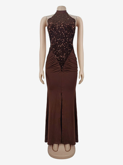 Sequin Halter Neck Ruched Waist High Slit Evening Long Dress For Women 2026