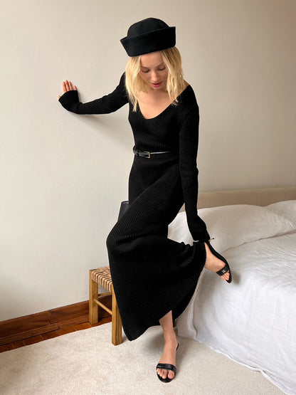 Ribbed Knit V-Neck Slim Fit Long Sleeve Bodycon Maxi Sweater Dress For Women 2026
