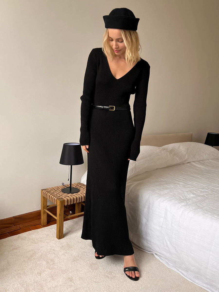 Ribbed Knit V-Neck Slim Fit Long Sleeve Bodycon Maxi Sweater Dress For Women 2026