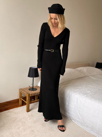 Ribbed Knit V-Neck Slim Fit Long Sleeve Bodycon Maxi Sweater Dress For Women 2026