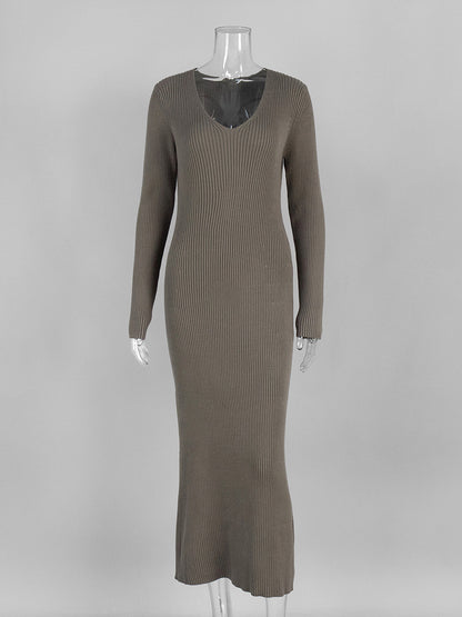 Ribbed Knit V-Neck Slim Fit Long Sleeve Bodycon Maxi Sweater Dress For Women 2026