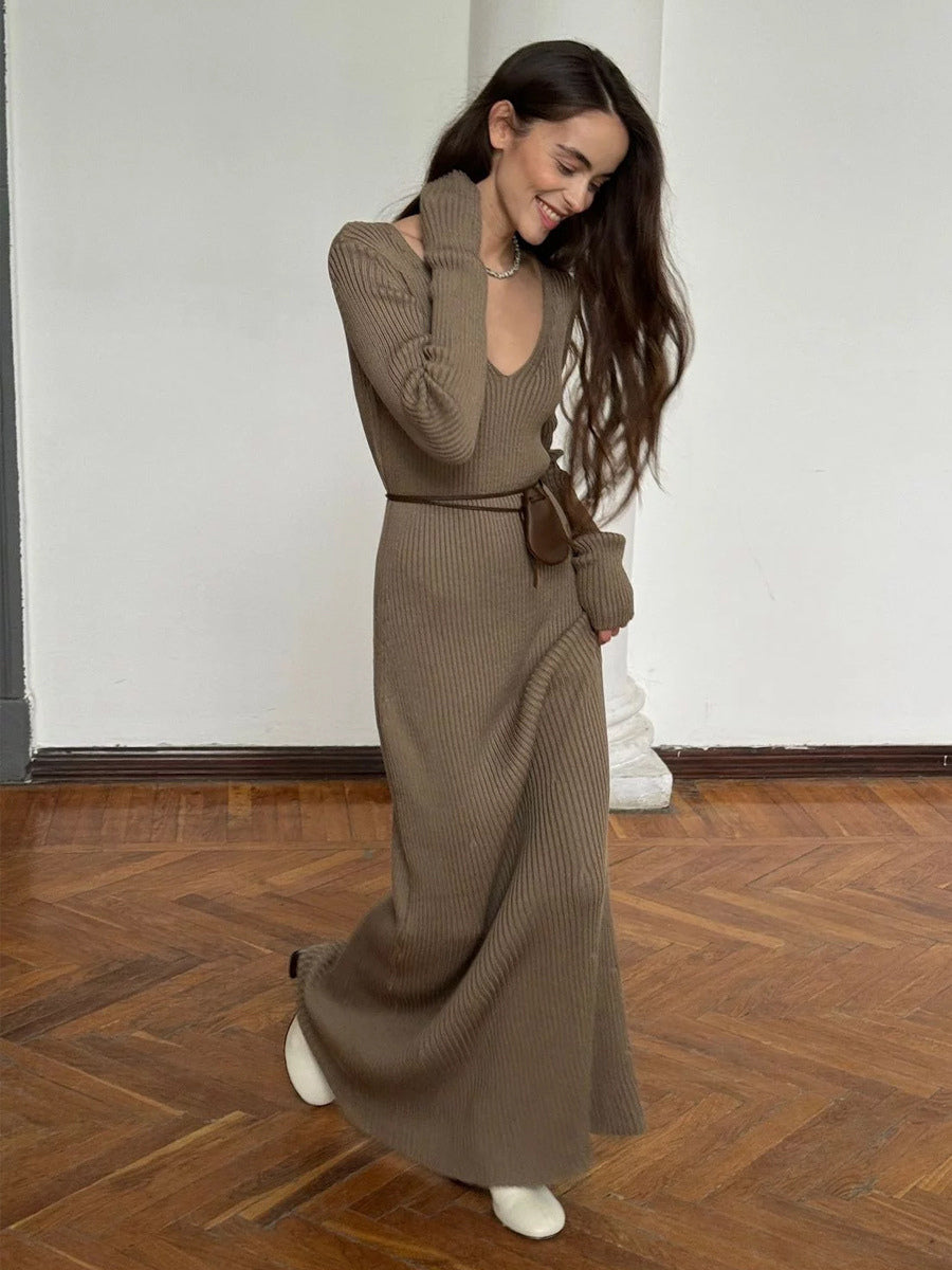 Ribbed Knit V-Neck Slim Fit Long Sleeve Bodycon Maxi Sweater Dress For Women 2026