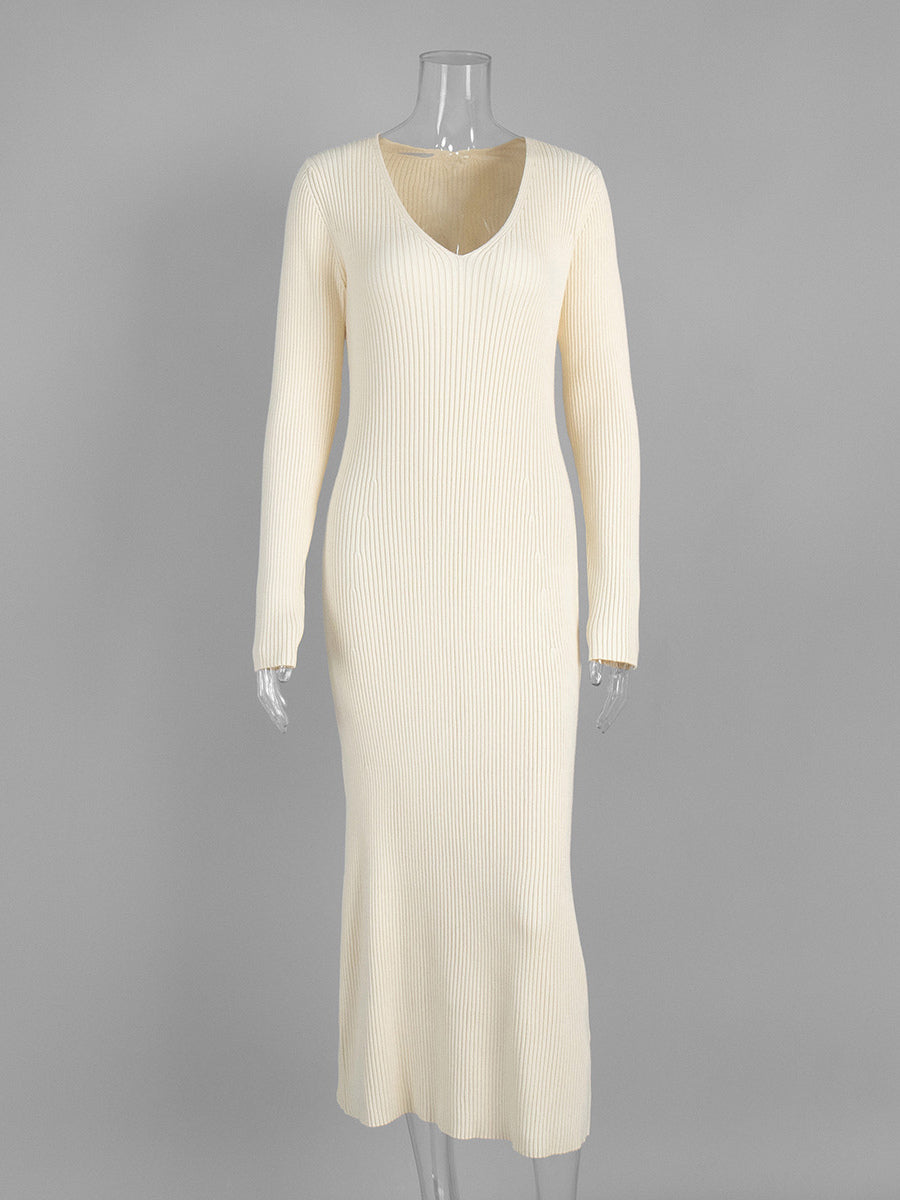 Ribbed Knit V-Neck Slim Fit Long Sleeve Bodycon Maxi Sweater Dress For Women 2026