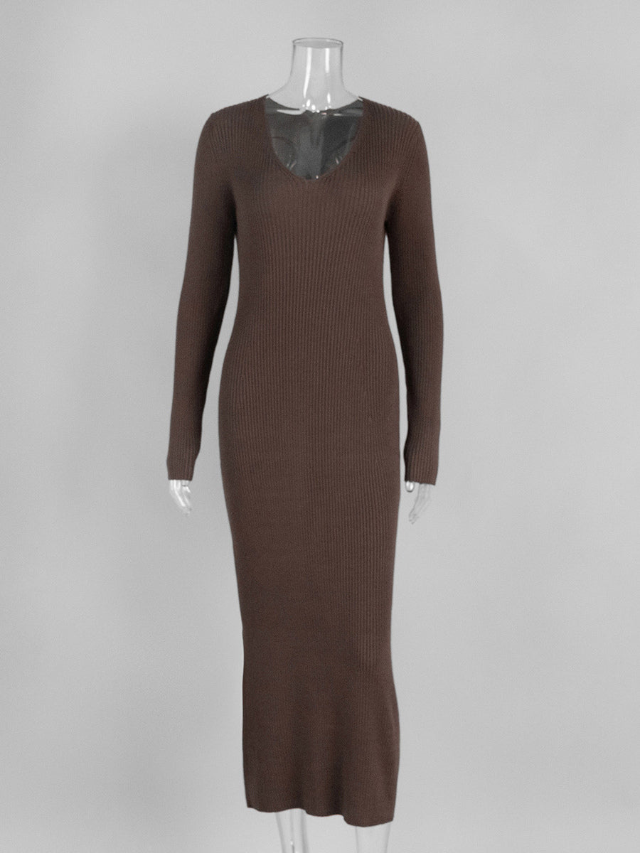 Ribbed Knit V-Neck Slim Fit Long Sleeve Bodycon Maxi Sweater Dress For Women 2026