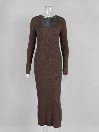 Ribbed Knit V-Neck Slim Fit Long Sleeve Bodycon Maxi Sweater Dress For Women 2026