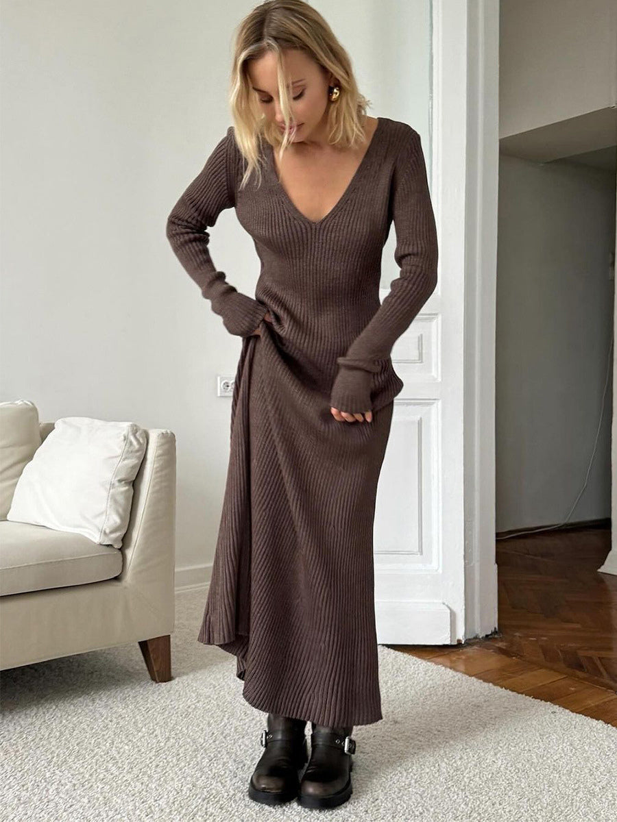 Ribbed Knit V-Neck Slim Fit Long Sleeve Bodycon Maxi Sweater Dress For Women 2026