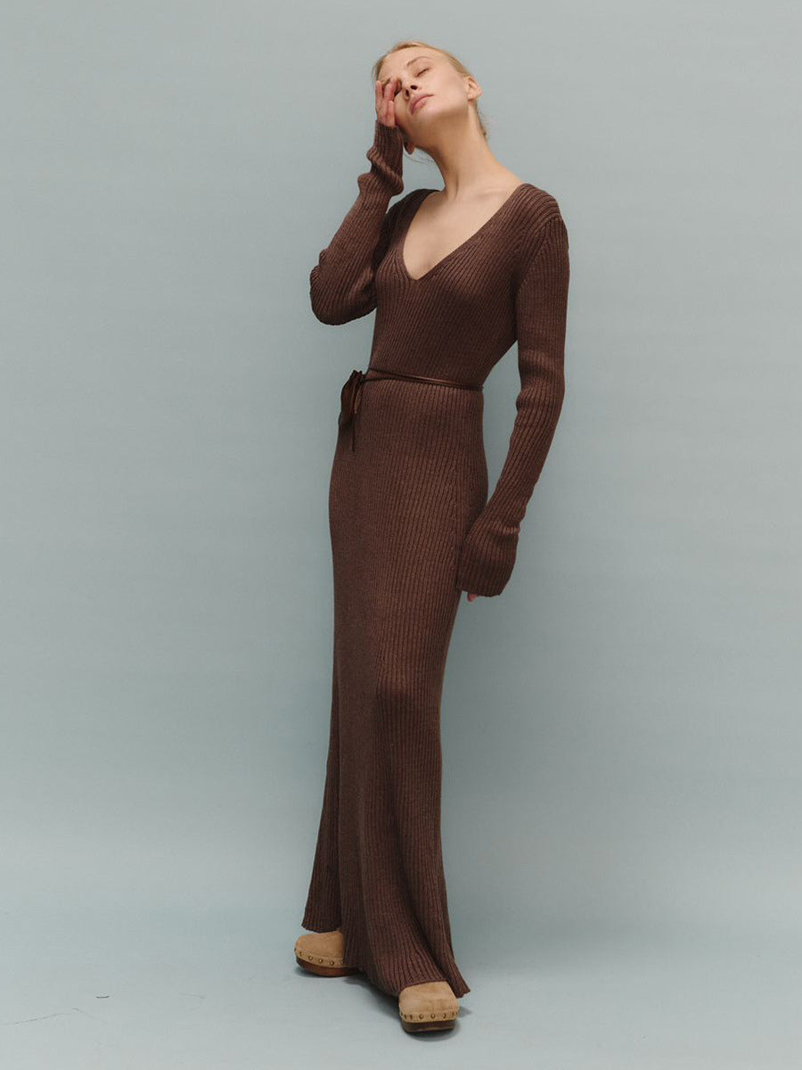 Ribbed Knit V-Neck Slim Fit Long Sleeve Bodycon Maxi Sweater Dress For Women 2026