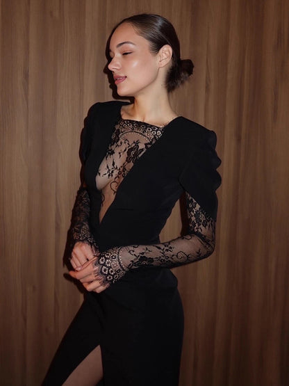 Lace Patchwork Deep V-Neck High Slit Bodycon Midi Dress For Women 2026