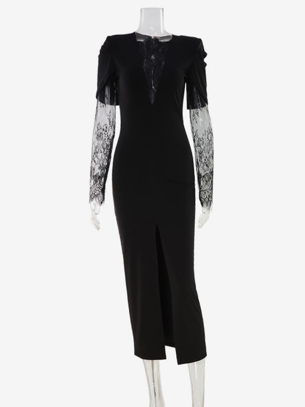 Lace Patchwork Deep V-Neck High Slit Bodycon Midi Dress For Women 2026