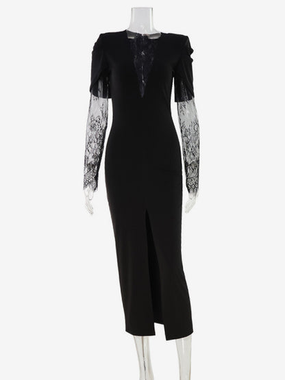 Lace Patchwork Deep V-Neck High Slit Bodycon Midi Dress For Women 2026