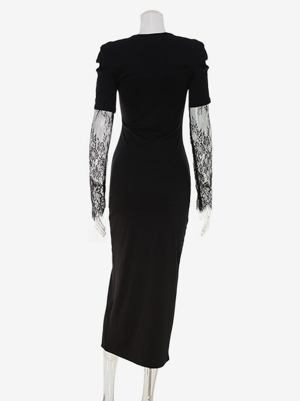 Lace Patchwork Deep V-Neck High Slit Bodycon Midi Dress For Women 2026