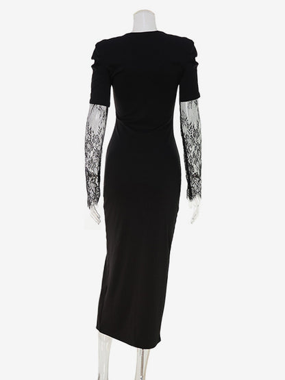 Lace Patchwork Deep V-Neck High Slit Bodycon Midi Dress For Women 2026