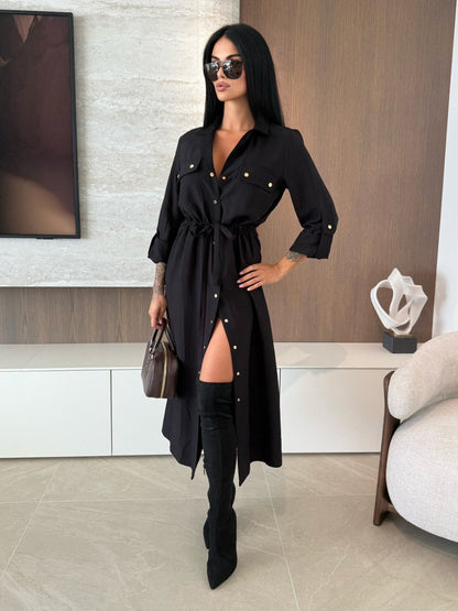 Button Up Drawstring Waist Midi Shirt Dress For Women 2026