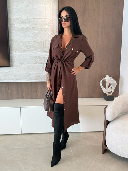 Button Up Drawstring Waist Midi Shirt Dress For Women 2026