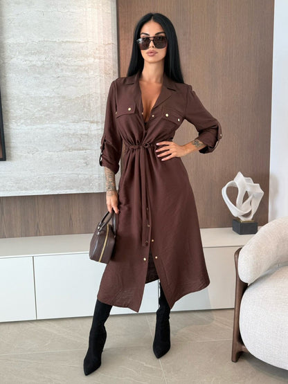 Button Up Drawstring Waist Midi Shirt Dress For Women 2026