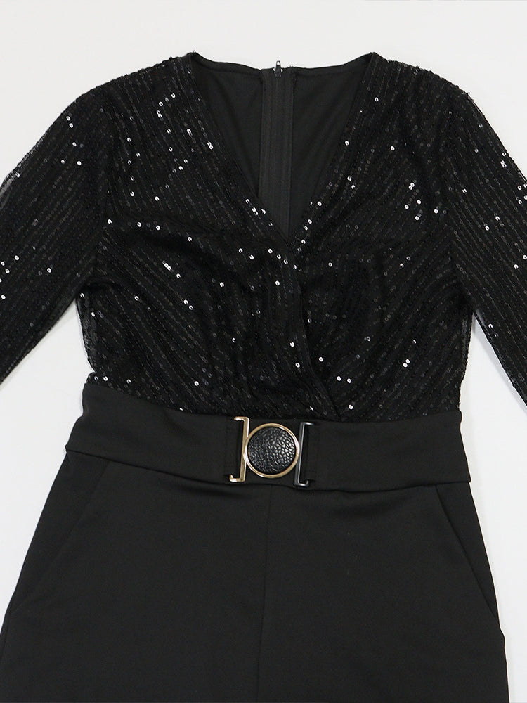 Sequined Stripe V-Neck Belted Wide Leg Party Jumpsuit For Women 2026